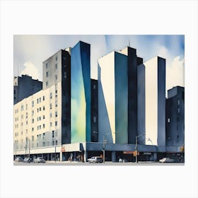 Watercolor Painting Of A City Street With Tall Buildings And Cars Canvas Print