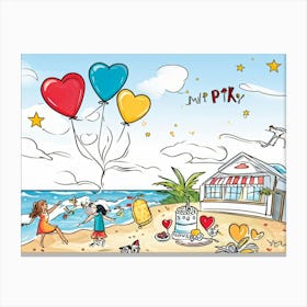 An Illustrated Idea Of A Birthday Party On The Beach Cartoon Valentine Balloons Hand Drawn Vector 2 1 Canvas Print