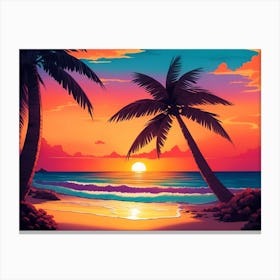 A Tranquil Beach At Sunset Horizontal Illustration 36 Canvas Print