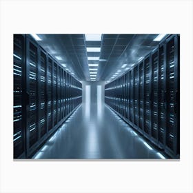 Interior Of A Modern Server Room With Rows Of Black Servers Canvas Print