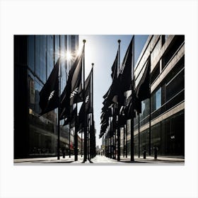 Super Black Flags Contrasting Sharply Against The Hyper White Surface Of A Shopfront Caught In The Canvas Print