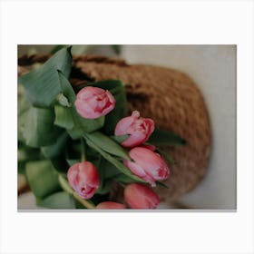 Pink Tulips In A Basket 1 Canvas Print