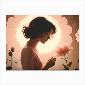 Profile Silhouette Of A Woman In A Vintage Dress Holding A Peony Against A Floral Background With A Glowing Center Canvas Print