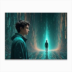 Two Figures Stand In A Futuristic, Dark Hallway With Glowing Blue Lines, One Facing A Bright, Ethereal Light Source Canvas Print