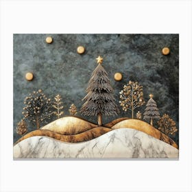 3d Modern Flat Jungle, Forest Christmas Tree, Marble Golden Mountain Canvas Print