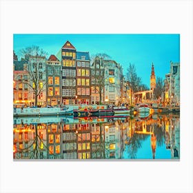 Beautiful Reflection In Amsterdam Canals At Dusk Canvas Print