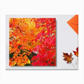 Bright Botanical Art Featuring Fall Foliage Vibrant Red Orange And Neon Colors Framing A Golden M (1) Canvas Print