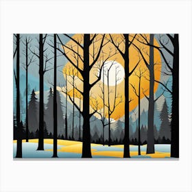 Winter Forest 1, Forest, sunset,   Forest bathed in the warm glow of the setting sun, forest sunset illustration, forest at sunset, sunset forest vector art, sunset, forest painting,dark forest, landscape painting, nature vector art, Forest Sunset art, trees, pines, spruces, and firs, black, blue and yellow Canvas Print