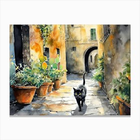 Black Cat In Livorno, Italy, Street Art Watercolour Painting 1 Canvas Print