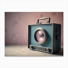 A Vintage Radio, Painted Blue With A Pink Speaker, Sitting On A Wooden Table Against A Pink Background Canvas Print