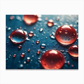 Close Up Macro Shot Of Red Water Droplets On A Dark Blue Surface Canvas Print