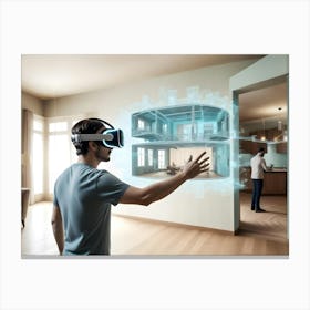 A Man Wearing A Vr Headset Interacts With A 3d Model Of A House Interior Canvas Print