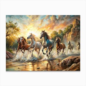 Horses Running In The River Canvas Print