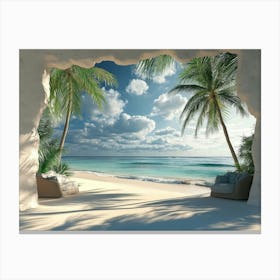 3d Tropical Beach With Palm Trees 1 Canvas Print