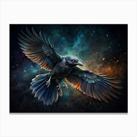 Black Raven In Flight Against A Cosmic Background Canvas Print