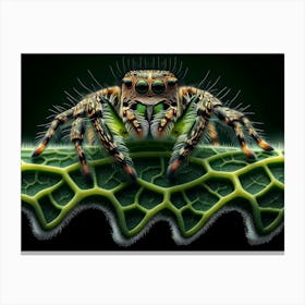 Cute jumping spider On A green leaf macro Leaf 1 Canvas Print