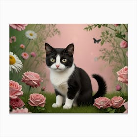 Black And White Cat With Pink Roses Canvas Print