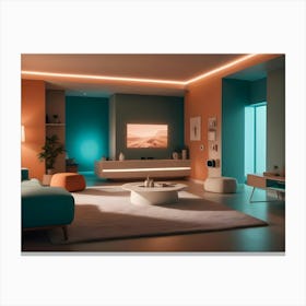 Modern Living Room Interior With Teal And Orange Walls, A Comfortable Sofa, And A Large Tv Screen Canvas Print