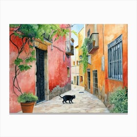 Tarragona, Spain   Cat In Street Art Watercolour Painting 3 Canvas Print