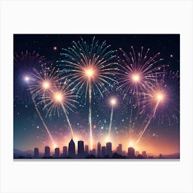 An Image Of A Cityscape Silhouette Against A Night Sky With Multiple Fireworks Exploding In Colorful Bursts Canvas Print