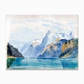 The Sea and Snow-capped Mountains Vintage 19th Century Watercolour Painting Canvas Print