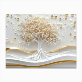 3d Art White and Gold Tree Life, 3d Golden Tree and White Circles Canvas Print