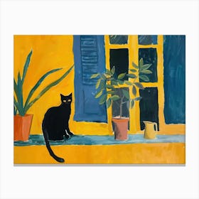 Cat Black On A Window Matisse Yellow Canvas Print