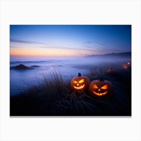 Jack O Lanterns With Eerie Glows Emanating A Soft Light Scattered Along A Desolate Shoreline Early (4) Canvas Print