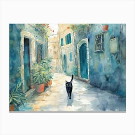 Haifa, Israel   Cat In Street Art Watercolour Painting 4 Canvas Print