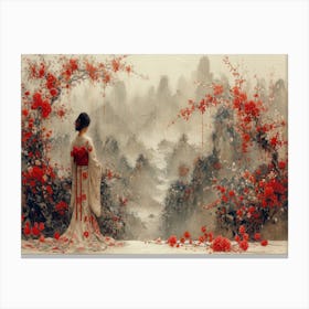 Geisha Grace: Elegance in Burgundy and Grey. Chinese Woman In Red Dress Canvas Print