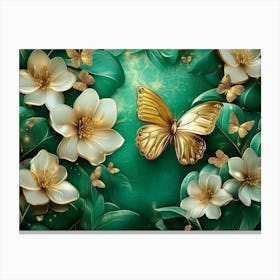 3d Abstract Floral Background With Green Flowers And Golden Butterfly 1 Canvas Print