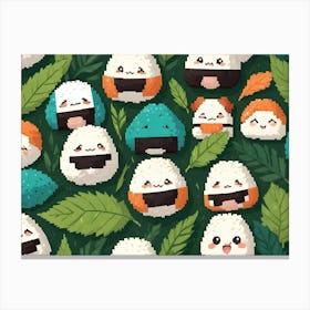 Cute Rice Balls With Smiling Faces On Pink And Green Background Canvas Print