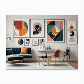 A Modern Living Room Interior Decorated With Abstract Art Prints, A Green Velvet Sofa, A Coffee Table, And Gold Accents Canvas Print