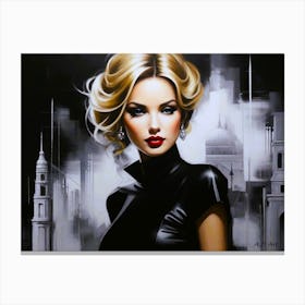Blonde Beauty In Leather - Dark Contrast Painting Canvas Print