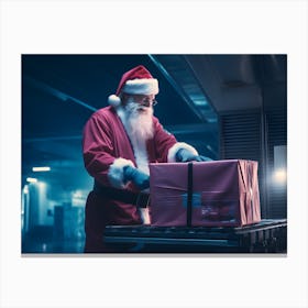 Santa Claus Opening A Gift Canvas Print