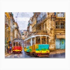Trams In Lisbon Watercolour Painting Art Effect Colourful Print Canvas Print