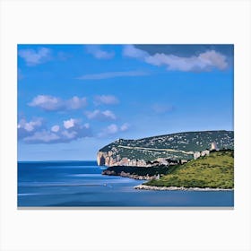 Capo Caccia Sardinia. Stylized painting of a coastal scene with a steep hill or cliff meeting the sea, covered in greenery, and a clear blue sky with a scattering of clouds. Canvas Print