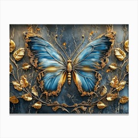 Blue Butterfly With Gold Leaves Canvas Print