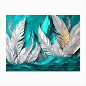 Vibrant 3d Abstract Teal Background Shimmering Silver Feathers Bold Volcanic Peaks 1 Canvas Print