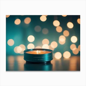 A Teal Candle In A Metallic Container, Burning With A Soft Flame And Surrounded By A Bokeh Background Of Warm, Golden Lights, Representing Relaxation, Comfort, And Tranquility Canvas Print