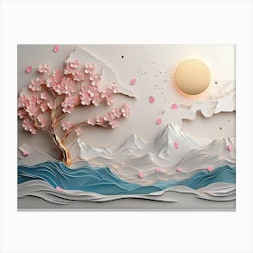 Modern Sakura Tree And Mountain 3d Canvas Print