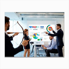 Archery Themed Office Scene Multiple Professionals In Sharp Business Attire Aiming Compound Bows To (5) Canvas Print