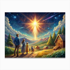 Family Looking At A Bright Star In The Sky Canvas Print