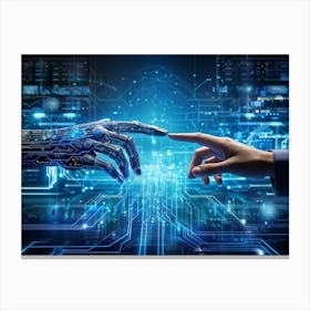 Abstract Cyber Concept Art Depicting A Human Hand And Artificial Intelligence Robotic Finger Almost (3) Canvas Print