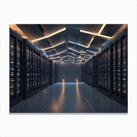 A Server Room With Black Cabinets And A Modern Ceiling Canvas Print