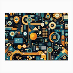 A Busy, Colorful Design With Geometric Shapes, Icons, And Abstract Elements In Yellow, Blue, And Orange On A Dark Background, Conveying A Technological Theme Canvas Print