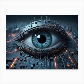 Realistic Human Eye With Eyelashes On Top Of A Circuit Board With Glowing Lights Canvas Print