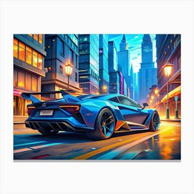 Blue Sports Car Driving On A City Street At Night Canvas Print