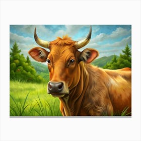 Close Up Portrait Of A Brown Cow In A Meadow Canvas Print