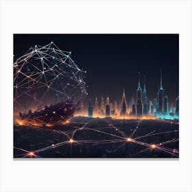 An Abstract Image Of A Futuristic Cityscape, Illuminated By Glowing Lines, Connecting The Buildings And A Large Glowing Sphere In The Foreground Canvas Print